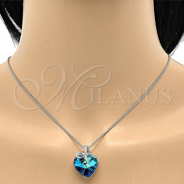 Collares con Dije 04.239.0007.16 Rodio Laminado, Diseño de Corazón, con Swarovski Elements Bermuda Blue y Cristal Blanca, Pulido, Rodinado (Grosor 01 MM, 16 Pulgadas de Largo)