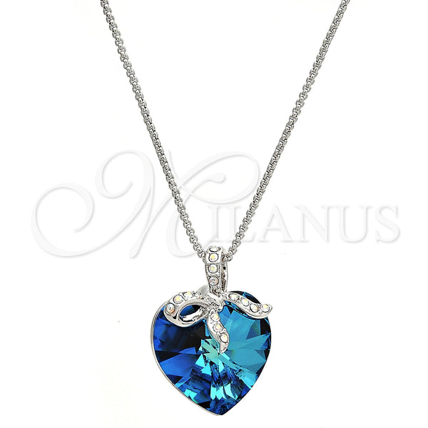 Collares con Dije 04.239.0007.16 Rodio Laminado, Diseño de Corazón, con Swarovski Elements Bermuda Blue y Cristal Blanca, Pulido, Rodinado (Grosor 01 MM, 16 Pulgadas de Largo)