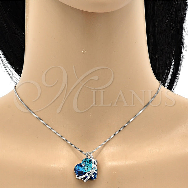 Collares con Dije 04.239.0001.16 Rodio Laminado, Diseño de Corazón y Arco, con Swarovski Elements Bermuda Blue y Micro Pave Blanca, Pulido, Rodinado (Grosor 01 MM, 16 Pulgadas de Largo)