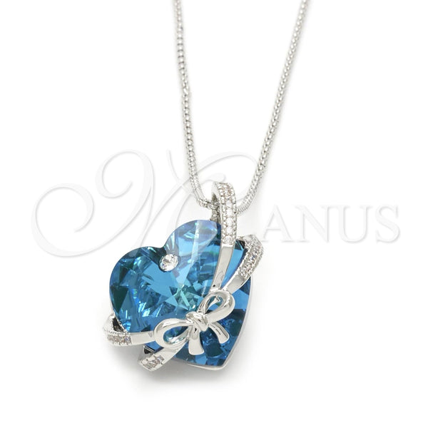 Collares con Dije 04.239.0001.16 Rodio Laminado, Diseño de Corazón y Arco, con Swarovski Elements Bermuda Blue y Micro Pave Blanca, Pulido, Rodinado (Grosor 01 MM, 16 Pulgadas de Largo)