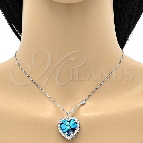 Collares con Dije 04.239.0014.16 Rodio Laminado, Diseño de Corazón, con Swarovski Elements Bermuda Blue y Micro Pave Blanca, Pulido, Rodinado (Grosor 01 MM, 16 Pulgadas de Largo)