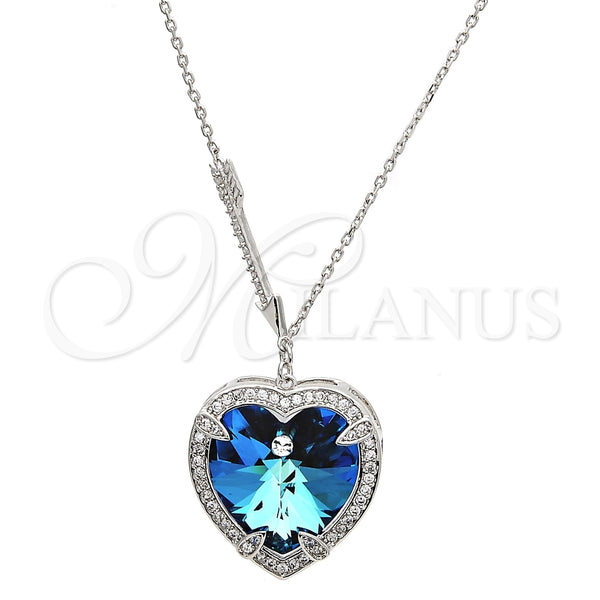 Collares con Dije 04.239.0014.16 Rodio Laminado, Diseño de Corazón, con Swarovski Elements Bermuda Blue y Micro Pave Blanca, Pulido, Rodinado (Grosor 01 MM, 16 Pulgadas de Largo)