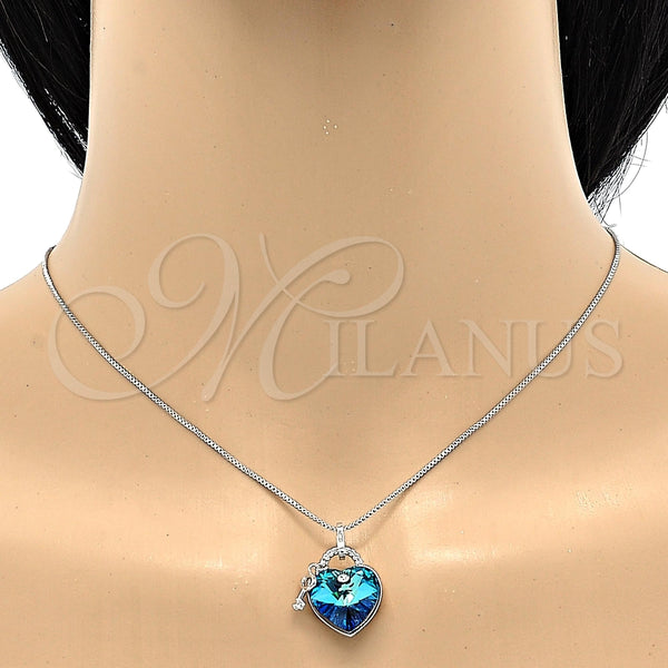 Collares con Dije 04.239.0015.16 Rodio Laminado, Diseño de Corazón y Llave, con Swarovski Elements Bermuda Blue y Micro Pave Blanca, Pulido, Rodinado (Grosor 01 MM, 16 Pulgadas de Largo)
