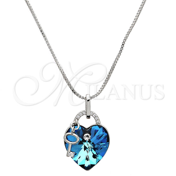 Collares con Dije 04.239.0015.16 Rodio Laminado, Diseño de Corazón y Llave, con Swarovski Elements Bermuda Blue y Micro Pave Blanca, Pulido, Rodinado (Grosor 01 MM, 16 Pulgadas de Largo)