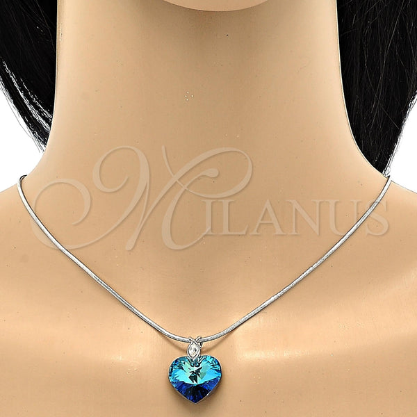 Collares con Dije 04.239.0018.16 Rodio Laminado, Diseño de Corazón y Cola de Raton, con Swarovski Elements Bermuda Blue y Cristal Blanca, Pulido, Rodinado (Grosor 01 MM, 16 Pulgadas de Largo)
