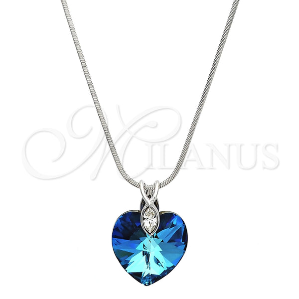 Collares con Dije 04.239.0018.16 Rodio Laminado, Diseño de Corazón y Cola de Raton, con Swarovski Elements Bermuda Blue y Cristal Blanca, Pulido, Rodinado (Grosor 01 MM, 16 Pulgadas de Largo)