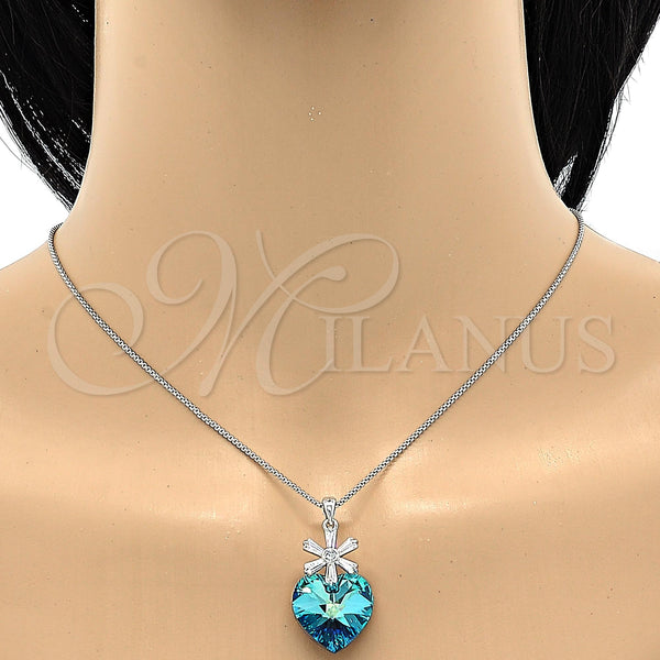 Collares con Dije 04.239.0019.16 Rodio Laminado, Diseño de Corazón y Flor, con Swarovski Elements Bermuda Blue y Zirconia Cubica Blanca, Pulido, Rodinado (Grosor 01 MM, 16 Pulgadas de Largo)
