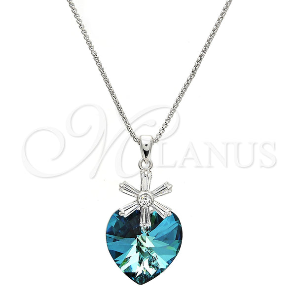 Collares con Dije 04.239.0019.16 Rodio Laminado, Diseño de Corazón y Flor, con Swarovski Elements Bermuda Blue y Zirconia Cubica Blanca, Pulido, Rodinado (Grosor 01 MM, 16 Pulgadas de Largo)