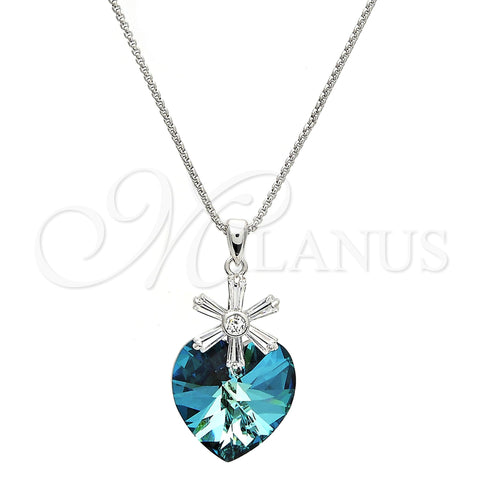 Collares con Dije 04.239.0019.16 Rodio Laminado, Diseño de Corazón y Flor, con Swarovski Elements Bermuda Blue y Zirconia Cubica Blanca, Pulido, Rodinado (Grosor 01 MM, 16 Pulgadas de Largo)