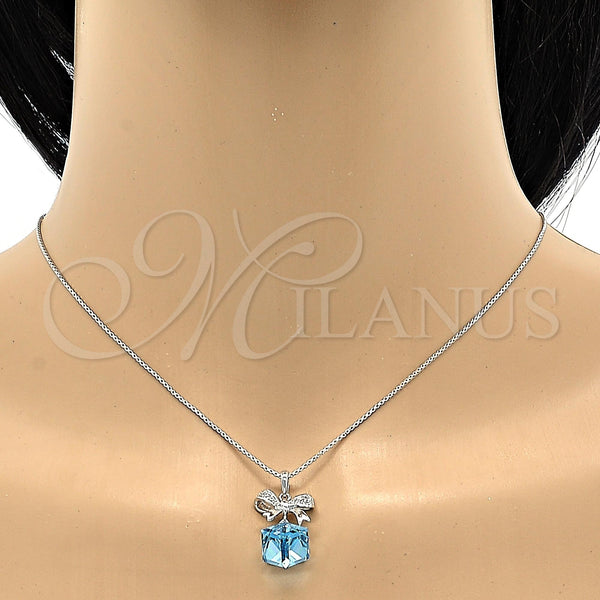 Collares con Dije 04.239.0024.16 Rodio Laminado, Diseño de Box y Arco, con Swarovski Elements Aquamarine y Micro Pave Blanca, Pulido, Rodinado (Grosor 01 MM, 16 Pulgadas de Largo)