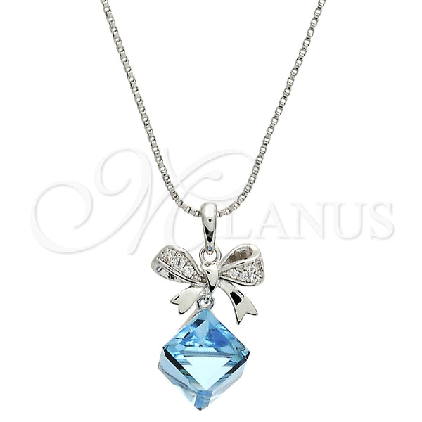 Collares con Dije 04.239.0024.16 Rodio Laminado, Diseño de Box y Arco, con Swarovski Elements Aquamarine y Micro Pave Blanca, Pulido, Rodinado (Grosor 01 MM, 16 Pulgadas de Largo)