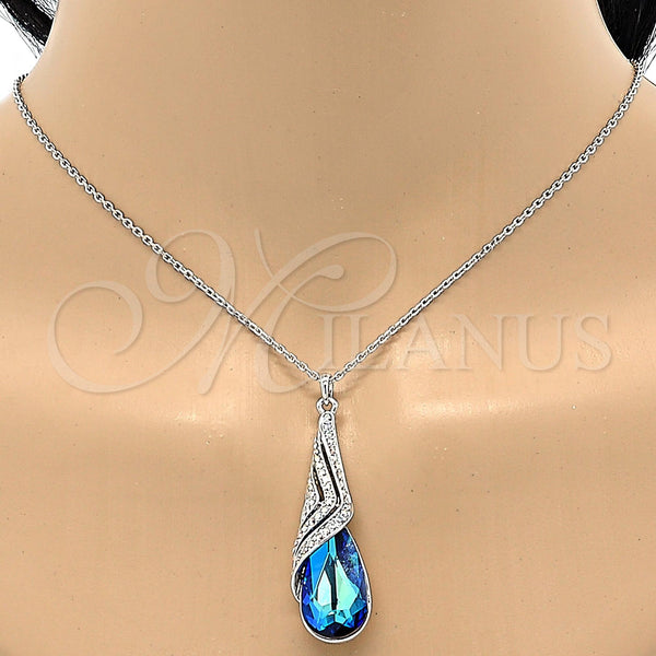Collares con Dije 04.239.0037.16 Rodio Laminado, Diseño de Gota y Rolo, con Swarovski Elements Bermuda Blue y Aurore Boreale, Pulido, Rodinado (Grosor 01 MM, 16 Pulgadas de Largo)