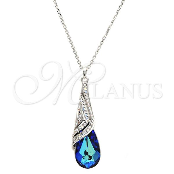 Collares con Dije 04.239.0037.16 Rodio Laminado, Diseño de Gota y Rolo, con Swarovski Elements Bermuda Blue y Aurore Boreale, Pulido, Rodinado (Grosor 01 MM, 16 Pulgadas de Largo)
