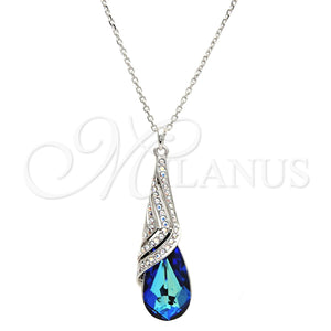 Collares con Dije 04.239.0037.16 Rodio Laminado, Diseño de Gota y Rolo, con Swarovski Elements Bermuda Blue y Aurore Boreale, Pulido, Rodinado (Grosor 01 MM, 16 Pulgadas de Largo)