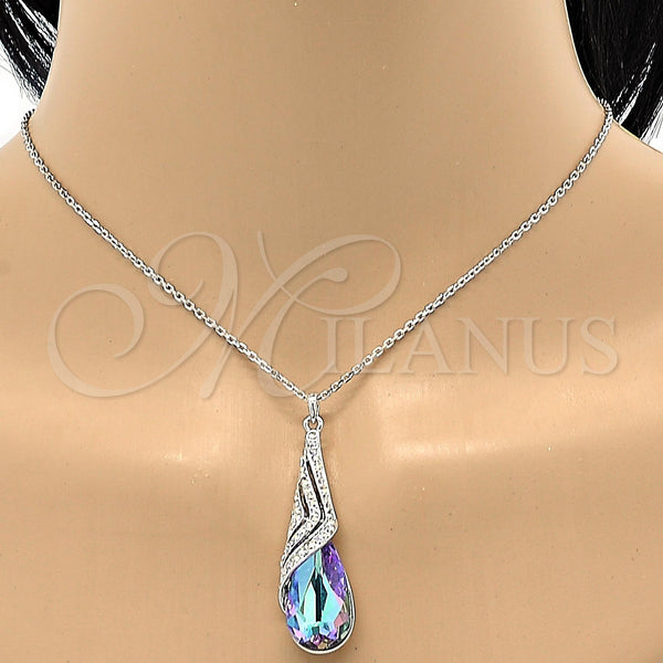 Collares con Dije 04.239.0037.1.16 Rodio Laminado, Diseño de Gota y Rolo, con Swarovski Elements Heliotrope y Aurore Boreale, Pulido, Rodinado (Grosor 01 MM, 16 Pulgadas de Largo)