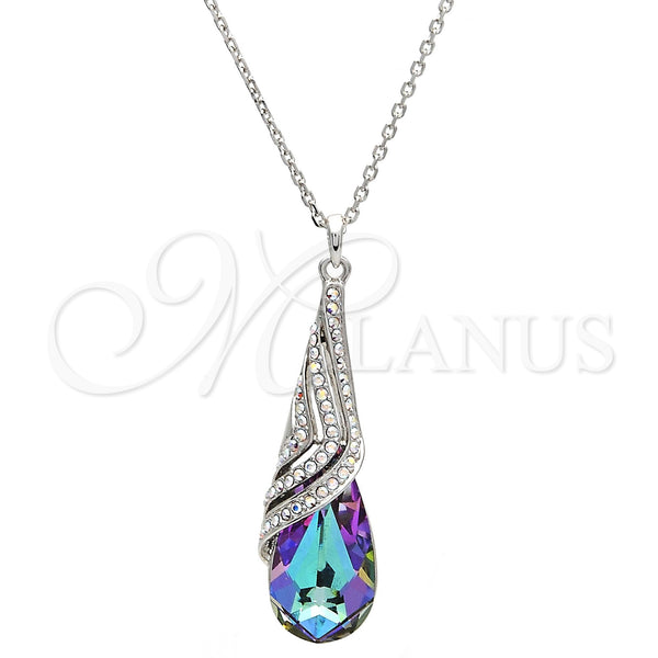 Collares con Dije 04.239.0037.1.16 Rodio Laminado, Diseño de Gota y Rolo, con Swarovski Elements Heliotrope y Aurore Boreale, Pulido, Rodinado (Grosor 01 MM, 16 Pulgadas de Largo)