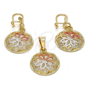 Juego de Arete y Dije de Adulto 10.170.0011 Oro Laminado, Diseño de Flor, Pulido, Tres Tonos