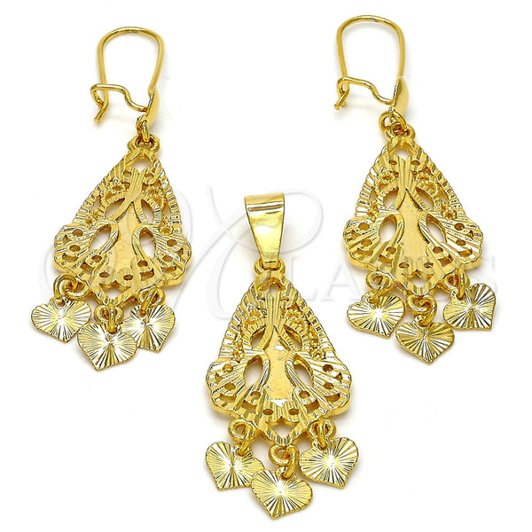 Juego de Arete y Dije de Adulto 10.170.0012 Oro Laminado, Diseño de Corazón, Diamantado, Tono Dorado