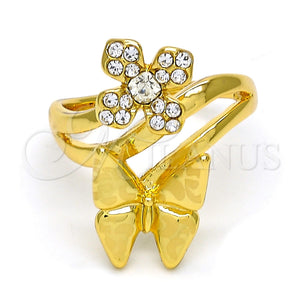 Anillo Multi Piedra 01.241.0036.09 Oro Laminado, Diseño de Flor y Mariposa, con Blanca Cristal, Pulido, Tono Dorado (Size 9)