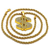 Collares con Dije 04.242.0002.30 Tono Dorado, Diseño de Rope y Dinero, con Cristal Blanca, Pulido, Tono Dorado (Grosor 04 MM, 30 Pulgadas de Largo)