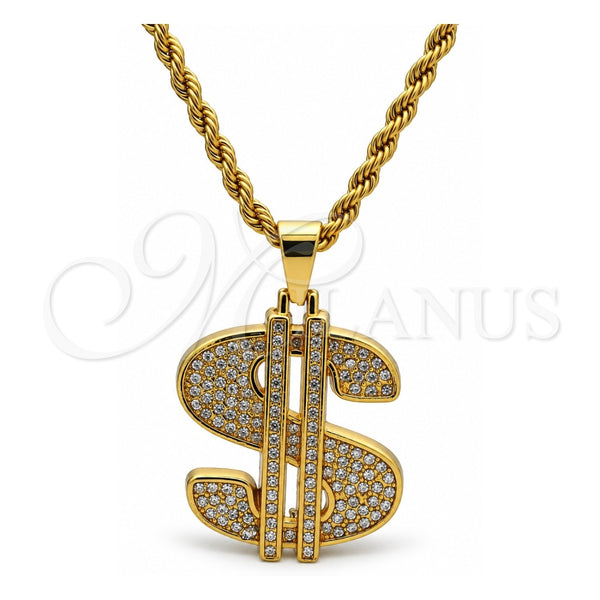 Collares con Dije 04.242.0002.30 Tono Dorado, Diseño de Rope y Dinero, con Cristal Blanca, Pulido, Tono Dorado (Grosor 04 MM, 30 Pulgadas de Largo)