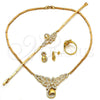Collar, Pulsera, Dije y Anillo 06.118.0004 Oro Laminado, Diseño de Flor y Gota, con Blanca Micro Pave, Pulido, Tono Dorado