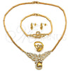 Collar, Pulsera, Dije y Anillo 06.118.0004 Oro Laminado, Diseño de Flor y Gota, con Blanca Micro Pave, Pulido, Tono Dorado