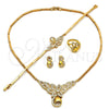 Collar, Pulsera, Dije y Anillo 06.118.0004 Oro Laminado, Diseño de Flor y Gota, con Blanca Micro Pave, Pulido, Tono Dorado