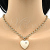 Collar y Pulsera 06.63.0181.1 Oro Laminado, Diseño de Rolo y Corazón, con Blanca Cristal, Esmaltado Blanco, Tono Dorado