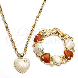 Collar y Pulsera 06.63.0181.1 Oro Laminado, Diseño de Rolo y Corazón, con Blanca Cristal, Esmaltado Blanco, Tono Dorado