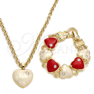 Collar y Pulsera 06.63.0181 Oro Laminado, Diseño de Rolo y Corazón, con Blanca Cristal, Esmaltado Marron, Tono Dorado