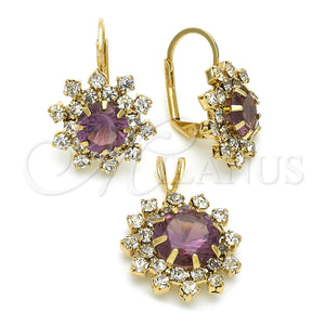 Juego de Arete y Dije de Adulto 5.057.003.1 Oro Laminado, Diseño de Flor, con Dark Ametista and Blanca Zirconia Cubica, Pulido, Tono Dorado