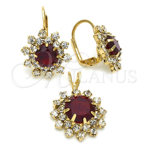 Juego de Arete y Dije de Adulto 5.057.004.1 Oro Laminado, Diseño de Flor, con Blanca and Granate Zirconia Cubica, Pulido, Tono Dorado