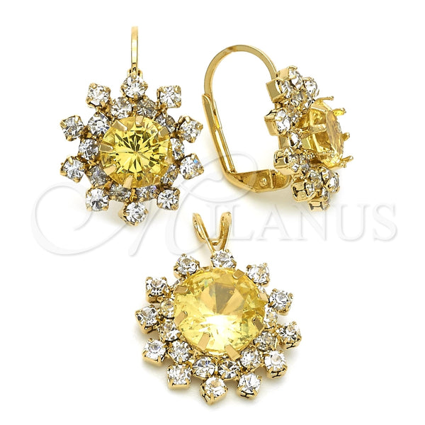 Juego de Arete y Dije de Adulto 5.057.002.1 Oro Laminado, Diseño de Flor, con Amarillo Claro and Blanca Zirconia Cubica, Pulido, Tono Dorado