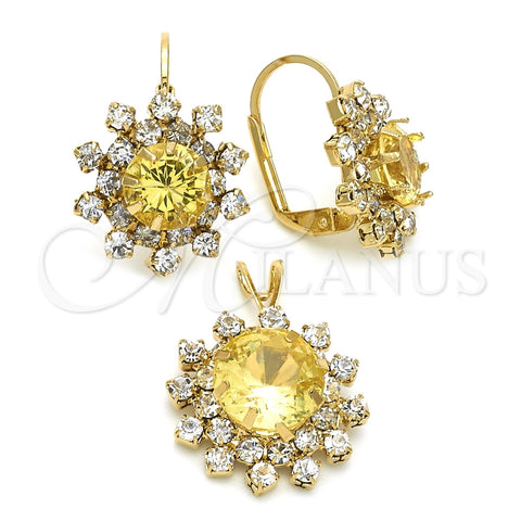 Juego de Arete y Dije de Adulto 5.057.002.1 Oro Laminado, Diseño de Flor, con Amarillo Claro and Blanca Zirconia Cubica, Pulido, Tono Dorado