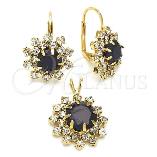 Juego de Arete y Dije de Adulto 5.057.001.1 Oro Laminado, Diseño de Flor, con Multicolor Zirconia Cubica, Pulido, Tono Dorado