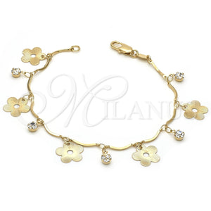 Pulsera de Dije 03.63.1531.07 Oro Laminado, Diseño de Flor, con Blanca Zirconia Cubica, Diamantado, Tono Dorado (0.80 Gauge, 7 Inches Length)