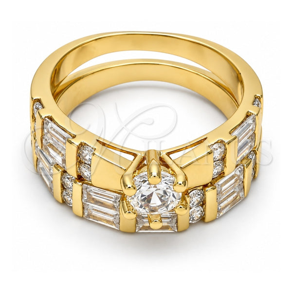 Anillo de Boda 01.99.0034.07 Oro Laminado, Diseño de Doble y Baguette, con Blanca Zirconia Cubica, Pulido, Tono Dorado (Size 7)