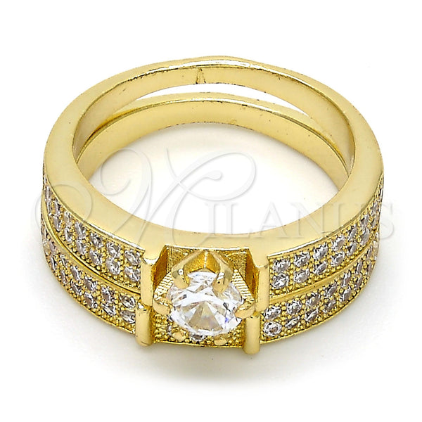 Anillo de Boda 01.99.0036.09 Oro Laminado, Diseño de Doble, con Blanca Zirconia Cubica and Blanca Micro Pave, Pulido, Tono Dorado (Size 9)