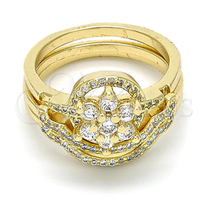 Anillo de Boda 01.99.0041.08 Oro Laminado, Diseño de Flor y Triple, con Blanca Zirconia Cubica and Blanca Micro Pave, Pulido, Tono Dorado (Size 8)