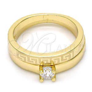 Anillo de Boda 01.99.0045.09 Oro Laminado, Diseño de Llave Griega y Doble, con Blanca Zirconia Cubica, Pulido, Tono Dorado (Size 9)