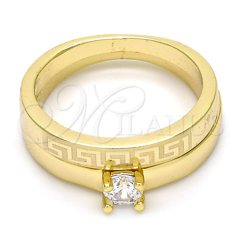 Anillo de Boda 01.99.0045.09 Oro Laminado, Diseño de Llave Griega y Doble, con Blanca Zirconia Cubica, Pulido, Tono Dorado (Size 9)