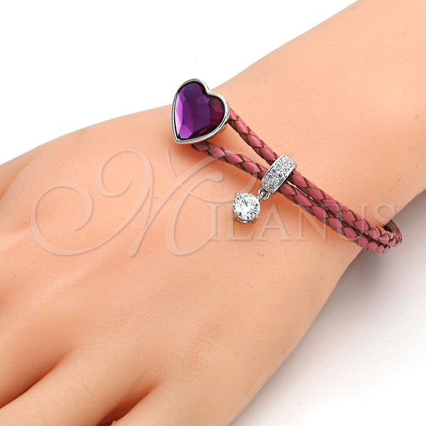 Aro Individual 07.239.0008 Rodio Laminado, Diseño de Corazón, con Swarovski Elements Fuchsia y Micro Pave Blanca, Pulido, Rodinado (Grosor 03 MM, Talla Unica)