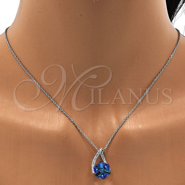 Collares con Dije 04.239.0039.3.16 Rodio Laminado, con Swarovski Elements Bermuda Blue y Aurore Boreale, Pulido, Rodinado (Grosor 01 MM, 16 Pulgadas de Largo)