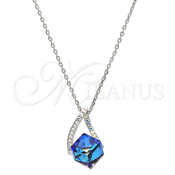 Collares con Dije 04.239.0039.3.16 Rodio Laminado, con Swarovski Elements Bermuda Blue y Aurore Boreale, Pulido, Rodinado (Grosor 01 MM, 16 Pulgadas de Largo)