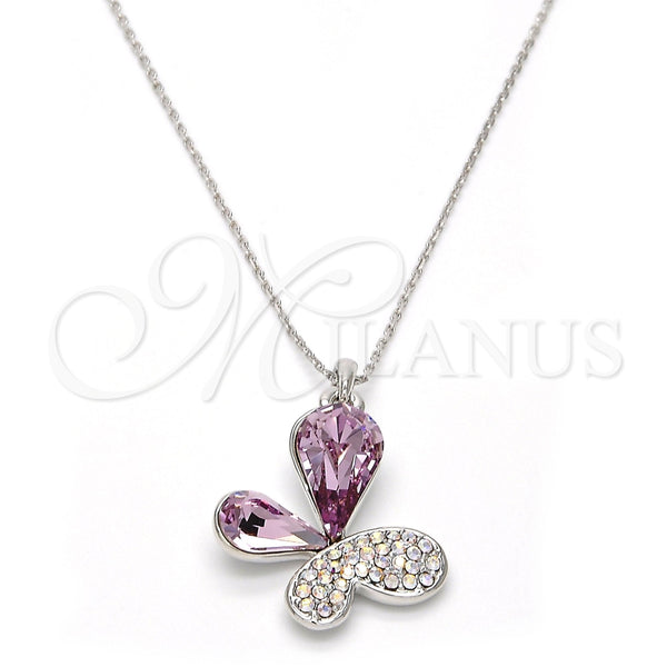 Collares con Dije 04.239.0043.3.18 Rodio Laminado, Diseño de Mariposa, con Swarovski Elements Violet y Aurore Boreale, Pulido, Rodinado (Grosor 01 MM, 18 Pulgadas de Largo)