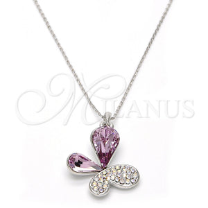 Collares con Dije 04.239.0043.3.18 Rodio Laminado, Diseño de Mariposa, con Swarovski Elements Violet y Aurore Boreale, Pulido, Rodinado (Grosor 01 MM, 18 Pulgadas de Largo)