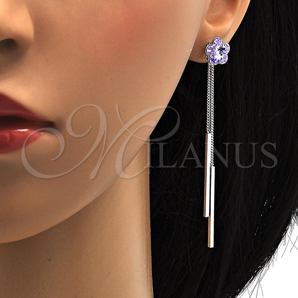 Arete Largo 02.239.0022.2 Rodio Laminado, Diseño de Flor, con Swarovski Elements Amethyst, Pulido, Rodinado