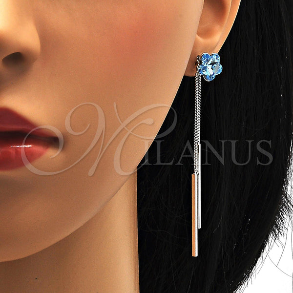 Arete Largo 02.239.0022.3 Rodio Laminado, Diseño de Flor, con Swarovski Elements Aquamarine, Pulido, Rodinado