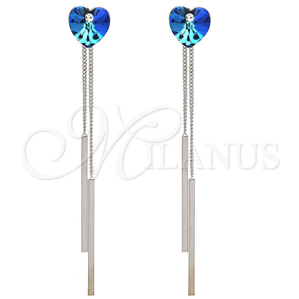 Arete Largo 02.239.0023.1 Rodio Laminado, Diseño de Corazón, con Swarovski Elements Bermuda Blue y Crystal, Pulido, Rodinado